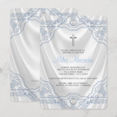 Invitation Baptême Bleu Bébé Blanc Satin (Devant / Derrière)