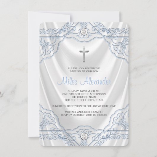 Invitation Baptême Bleu Bébé Blanc Satin (Devant)