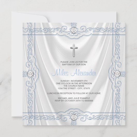 Invitation Baptême Bleu Bébé Blanc Satin (Devant)