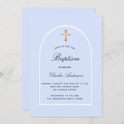 Invitation Baptême bleu blanc bébé arc (Devant / Derrière)