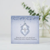 Invitation Baptême Bleu Blanc dentelle Bijou Croix Garçon dam (Debout devant)