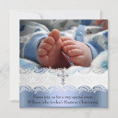 Invitation Baptême Bleu Blanc dentelle photo Bijou Croix garç (Devant)