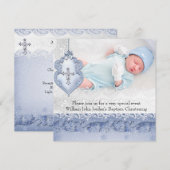 Invitation Baptême Bleu Blanc dentelle photo Bijou Croix garç (Devant / Derrière)