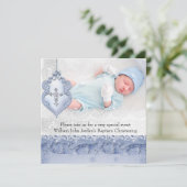 Invitation Baptême Bleu Blanc dentelle photo Bijou Croix garç (Debout devant)