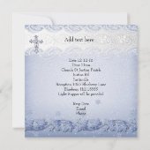 Invitation Baptême Bleu Blanc dentelle photo Bijou Croix garç (Dos)