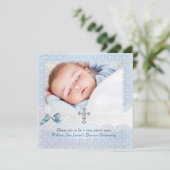 Invitation Baptême Bleu Blanc dentelle photo Bijou Croix garç (Debout devant)