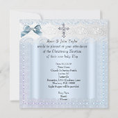 Invitation Baptême Bleu Blanc dentelle photo Bijou Croix garç (Dos)