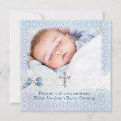 Invitation Baptême Bleu Blanc dentelle photo Bijou Croix garç (Devant)