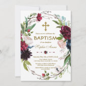 Invitation Baptême Bleu Burgundy Fleur Fer Fille Baptême (Devant)