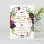 Invitation Baptême Bleu Burgundy Fleur Fer Fille Baptême (Debout devant)
