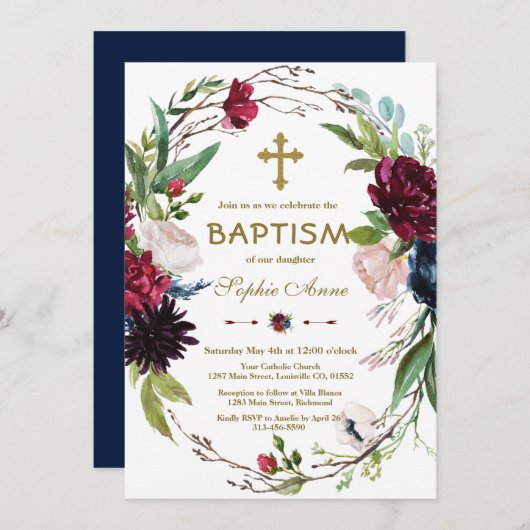 Invitation Baptême Bleu Burgundy Fleur Fer Fille Baptême (Devant / Derrière)