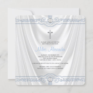 Invitation Baptême Bleu Christening Satin Blanc