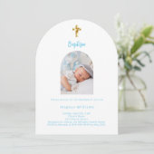 Invitation Baptême bleu ciel bleu bébé arc photo Baptême (Debout devant)