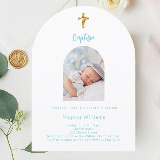 Invitation Baptême bleu ciel bleu bébé arc photo Baptême