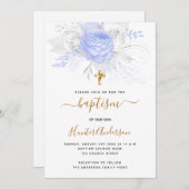 Invitation Baptême bleu clair floraux garçon élégant blanc (Devant / Derrière)