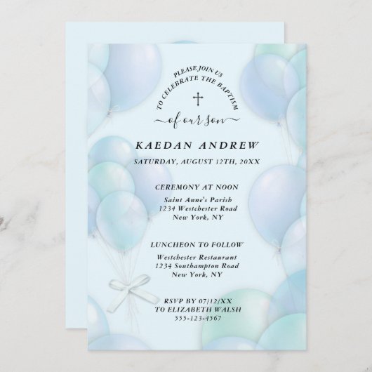 Invitation Baptême Bleu Croix chrétienne (Devant / Derrière)