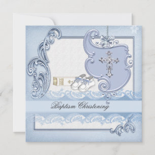 Invitation Baptême Bleu Croix Garçon damas baptême
