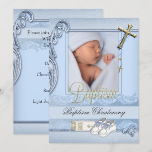 Invitation Baptême Bleu Croix Or Garçon Christening 2