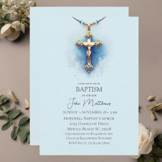 Invitation Baptême Bleu Croix Religieuse Garçons