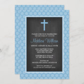 Invitation Baptême bleu de garçon de croix de point de polka (Devant / Derrière)
