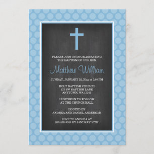 Invitation Baptême bleu de garçon de croix de point de polka