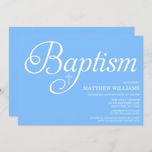 Invitation Baptême bleu doux de manuscrit (Devant / Derrière)