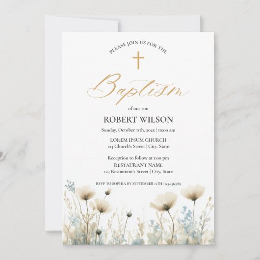 Invitation Baptême bleu Dusty Floral Cross Garçon Christening (Devant)