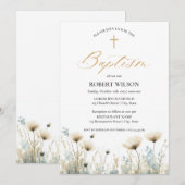 Invitation Baptême bleu Dusty Floral Cross Garçon Christening (Devant / Derrière)