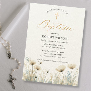 Invitation Baptême bleu Dusty Floral Cross Garçon Christening