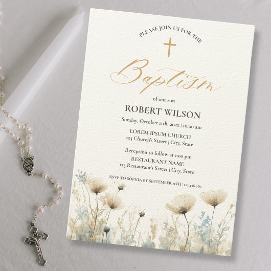 Invitation Baptême bleu Dusty Floral Cross Garçon Christening