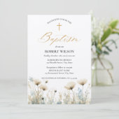 Invitation Baptême bleu Dusty Floral Cross Garçon Christening (Debout devant)