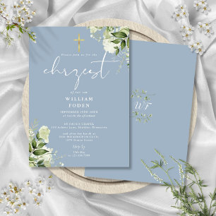 Invitation Baptême bleu Dusty Vert Floral Chrzest