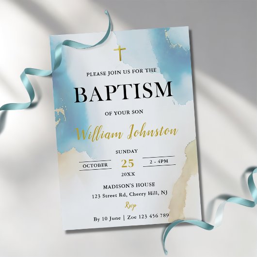 Invitation Baptême Bleu Élégant