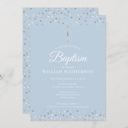 Invitation Baptême Bleu Élégant Baptême Coeurs Argent (Devant / Derrière)