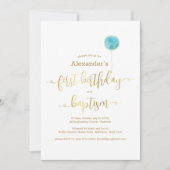 Invitation Baptême Bleu et 1er Script Or Anniversaire (Devant)