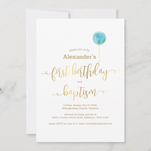 Invitation Baptême Bleu et 1er Script Or Anniversaire (Devant)