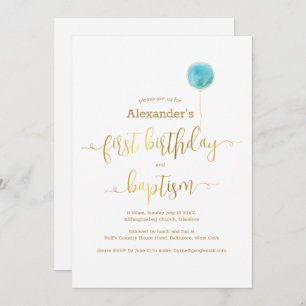 Invitation Baptême Bleu et 1er Script Or Anniversaire