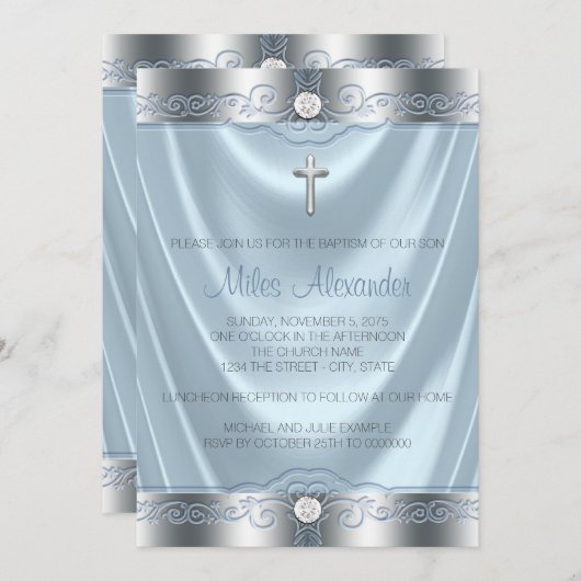 Invitation Baptême bleu et argent des garçons (Devant / Derrière)