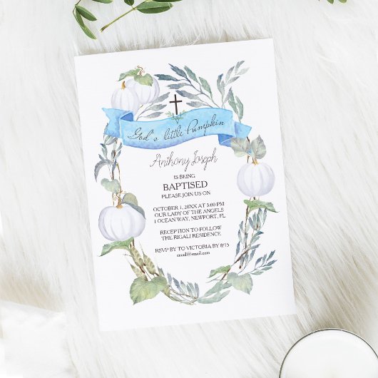 Invitation Baptême Bleu et Blanc Citrouilles Boy Fall