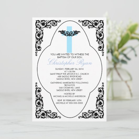 Invitation Baptême Bleu et Noir (Debout devant)