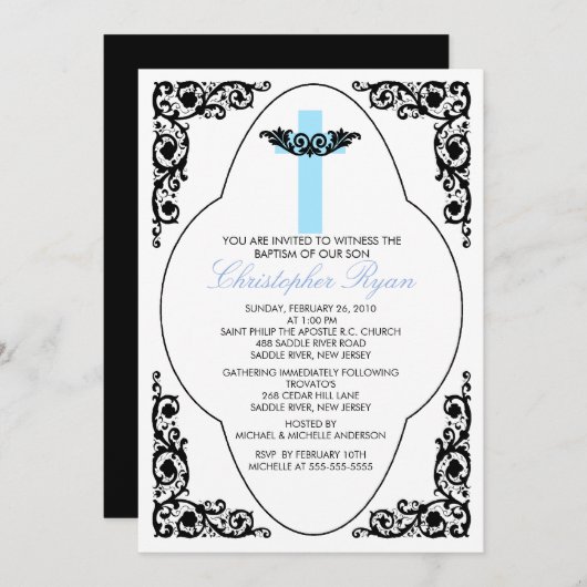 Invitation Baptême Bleu et Noir (Devant / Derrière)