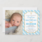 Invitation Baptême Bleu et or Baptême Bébé Garçon Photo (Devant)