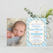 Invitation Baptême Bleu et or Baptême Bébé Garçon Photo (Debout devant)