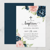 Invitation Baptême bleu floral de la marine rose (Devant / Derrière)