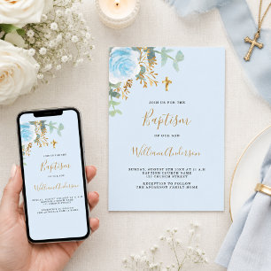 Invitation Baptême bleu floral garçon croix dorée