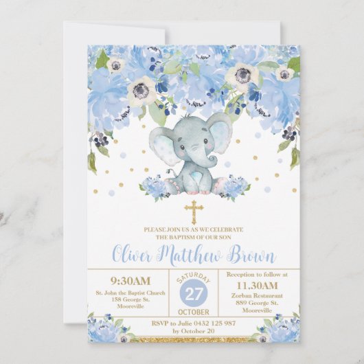 Invitation Baptême bleu floral mignon éléphant baptême Christ (Devant)
