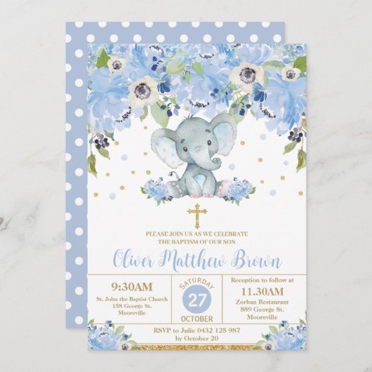 Invitation Baptême bleu floral mignon éléphant baptême Christ (Devant / Derrière)