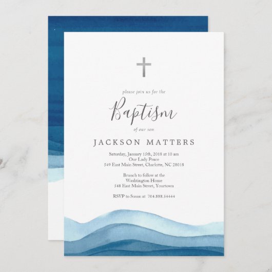 invitation baptême bleu garçon, première communion (Devant / Derrière)
