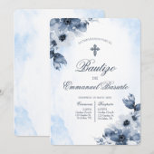 Invitation Baptême bleu garçons avec croix (Devant / Derrière)