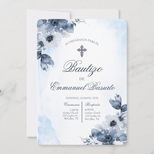 Invitation Baptême bleu garçons avec croix (Devant)
